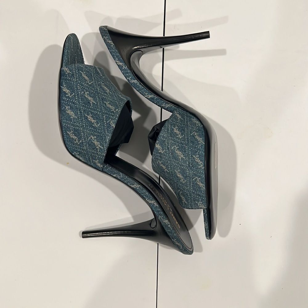 Brand new Saint Laurent LA 16' Monogram denim Heeled Mules with box - Picture 8 of 8